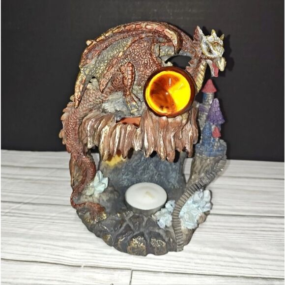 Vintage Red Gold Mythical Fantasy Perched Dragon Castle Tea Light Candle Holder - Picture 3 of 12